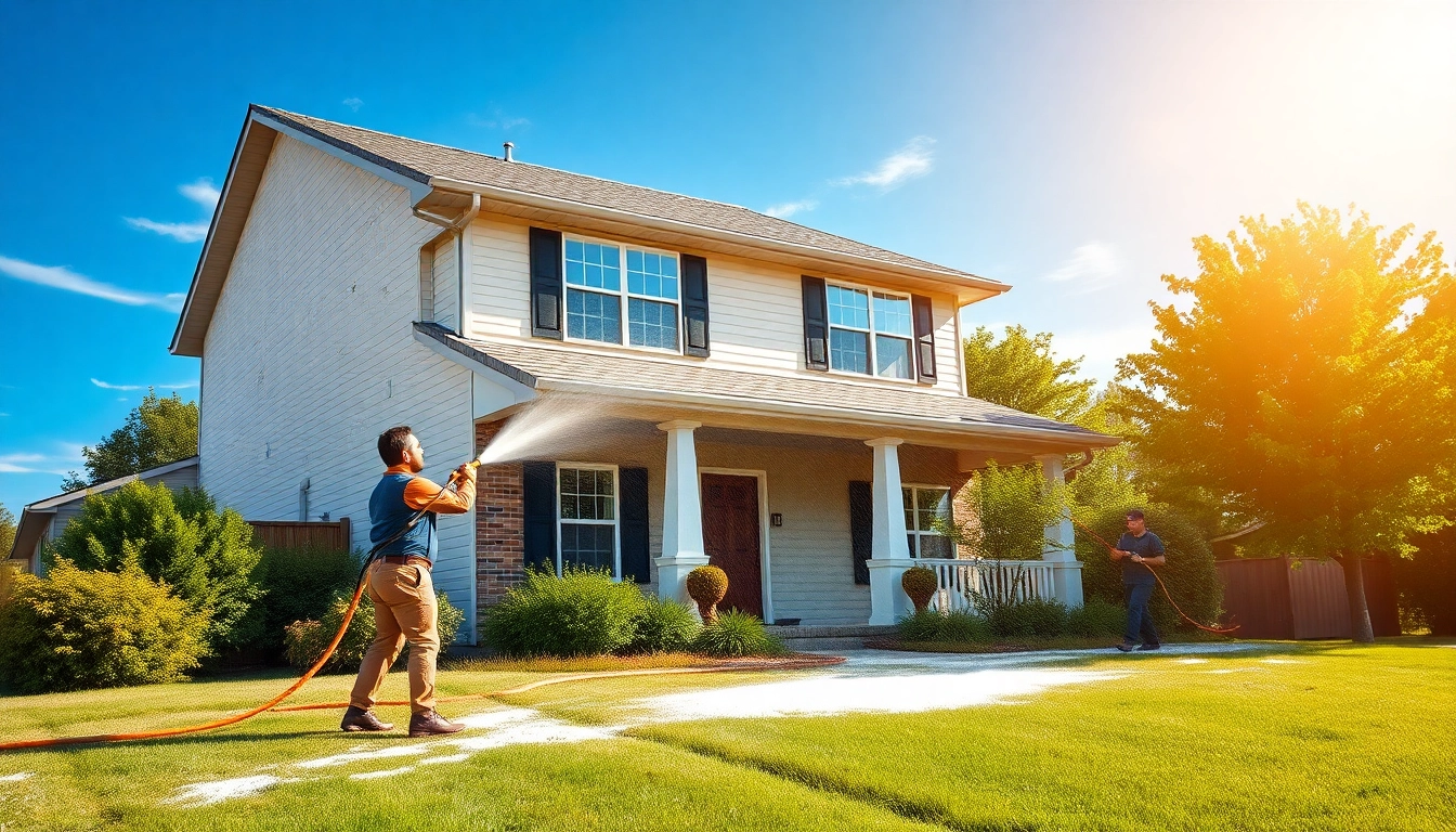 House Washing service actively cleaning a two-story home, showcasing the exterior's cleanliness and shine.