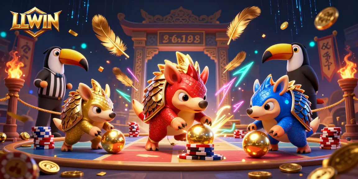Watch the exciting LLWIN pangolin champions compete in a vibrant casino scene filled with golden elements.