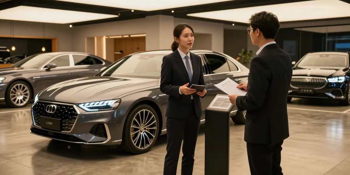 Penyewaan mobil mewah LUXURY 777 dengan agen profesional menjelaskan layanan dalam suasana showroom yang elegan.