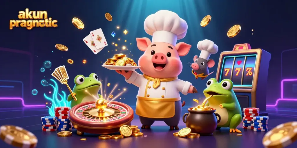 Engage with akun pragmatic as gourmet coins are served in a lavish casino scene featuring cartoon characters.