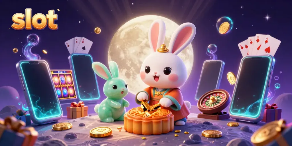 Engage with the excitement of slot games as a cartoon moon rabbit reveals hidden poker rewards.