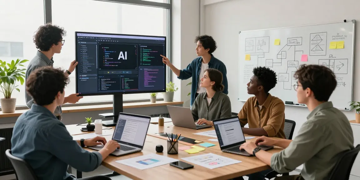Collaborative team building internal tools with AI in a modern workspace