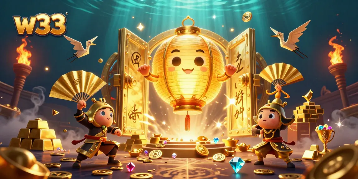 Play exciting w33 pokies surrounded by glowing golden elements and dynamic casino symbols.