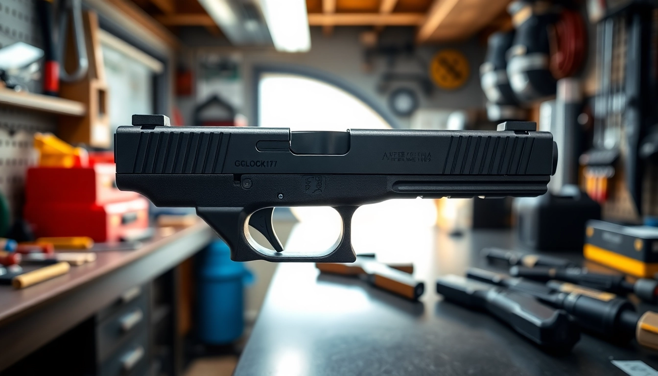 Showcasing the glock 17 mos slide in a workshop, highlighting its precision and design features.