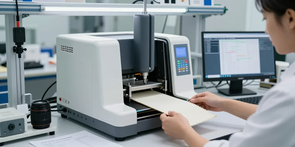Technician using a machine d'essai de traction textile in a modern lab, showcasing precision testing technology.