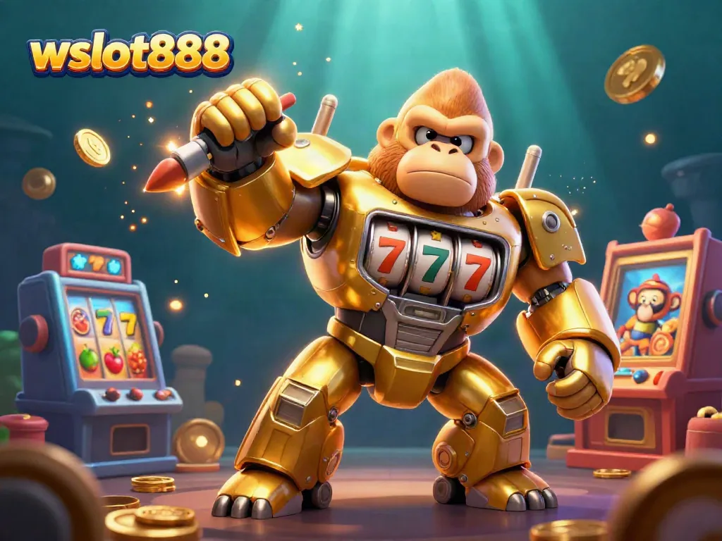 Menghadirkan wslot888, ilustasi mech gorila emas dari mesin slot dengan simbol jackpot