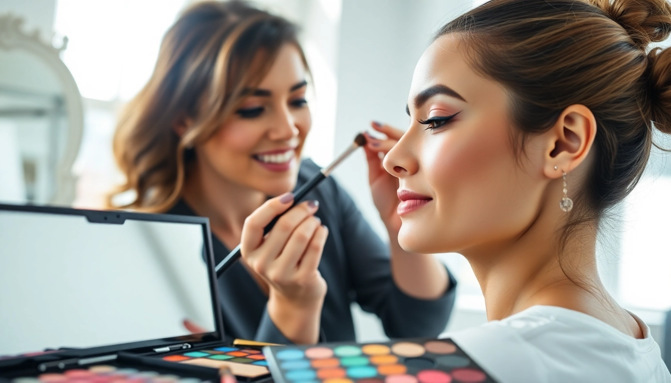 Professional makeup artist skillfully enhancing a model's beauty with vibrant tools in a bright studio.