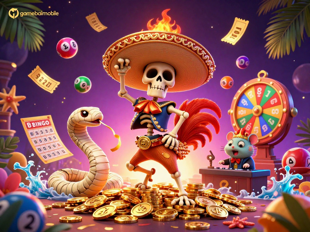 Experience exciting gaming with gamebaimobile as a colorful 3D illustration of a mariachi rooster and golden elements come alive.