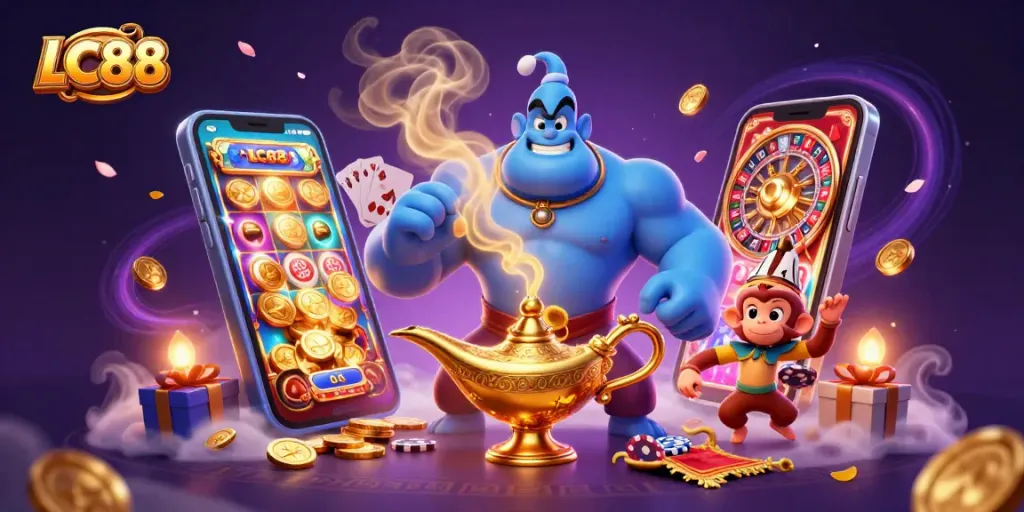 Engage with LC88's thrilling casino experience through this vibrant illustration of a fantasy gambling scene.