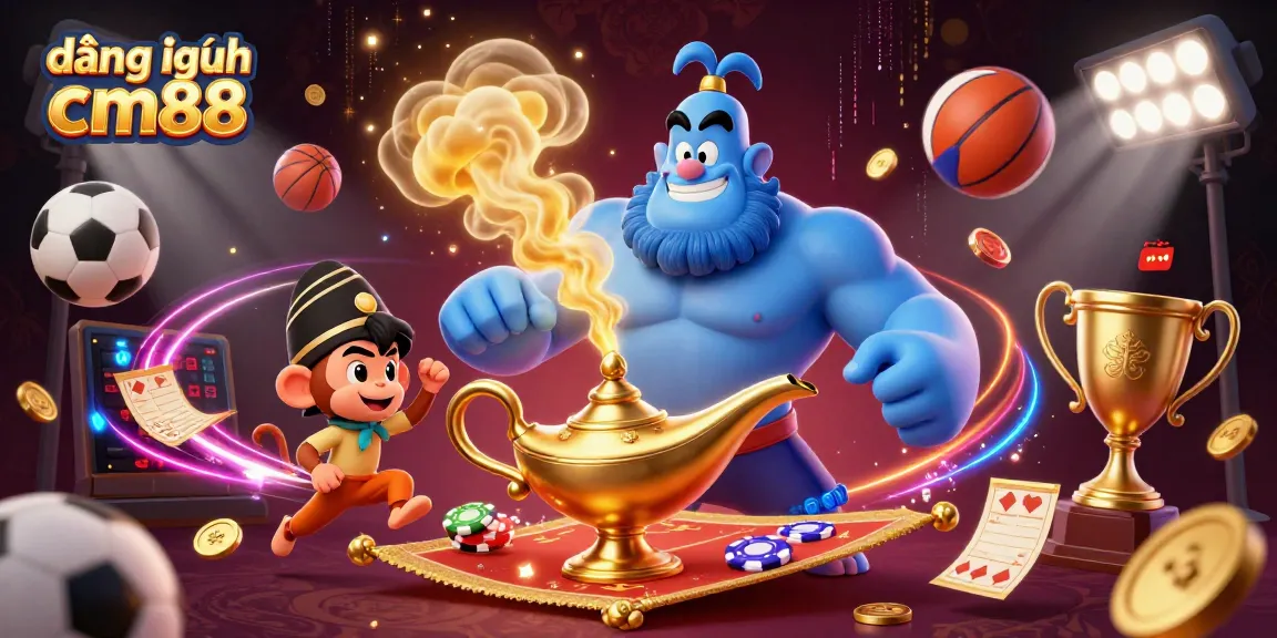Experience đăng nhập cm88 with a vibrant scene featuring a genie, monkey, and dynamic casino elements.