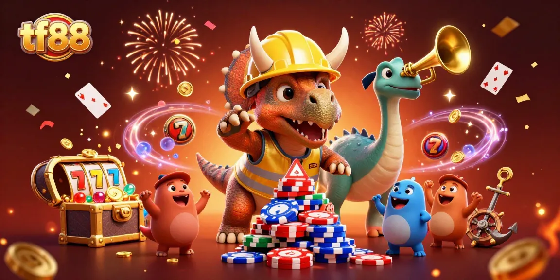 Engage with tf88's thrilling casino scene featuring a triceratops and playful elements celebrating gaming excitement.