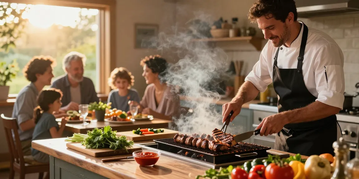 Dapur yang hangat dengan chef memasak BOS 88 di atas grill, dikelilingi bahan segar.