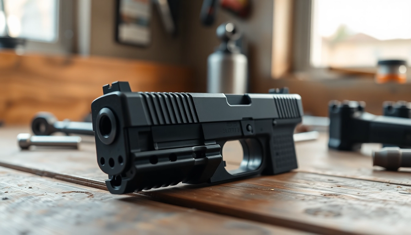 Examine the detailed Glock 19 Gen 3 slide on a workbench highlighting its craftsmanship.