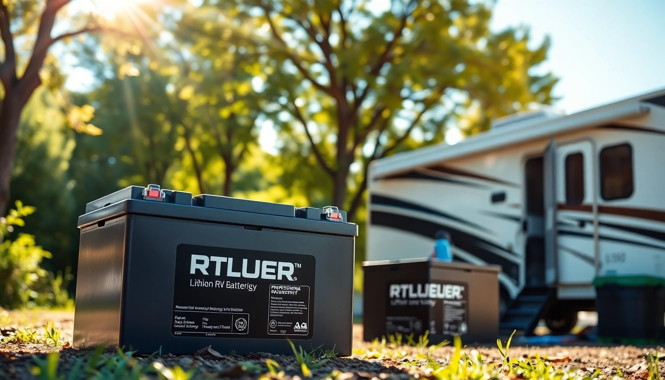 Showcase of lithium RV batteries in a campsite, highlighting their modern design and vibrant atmosphere.
