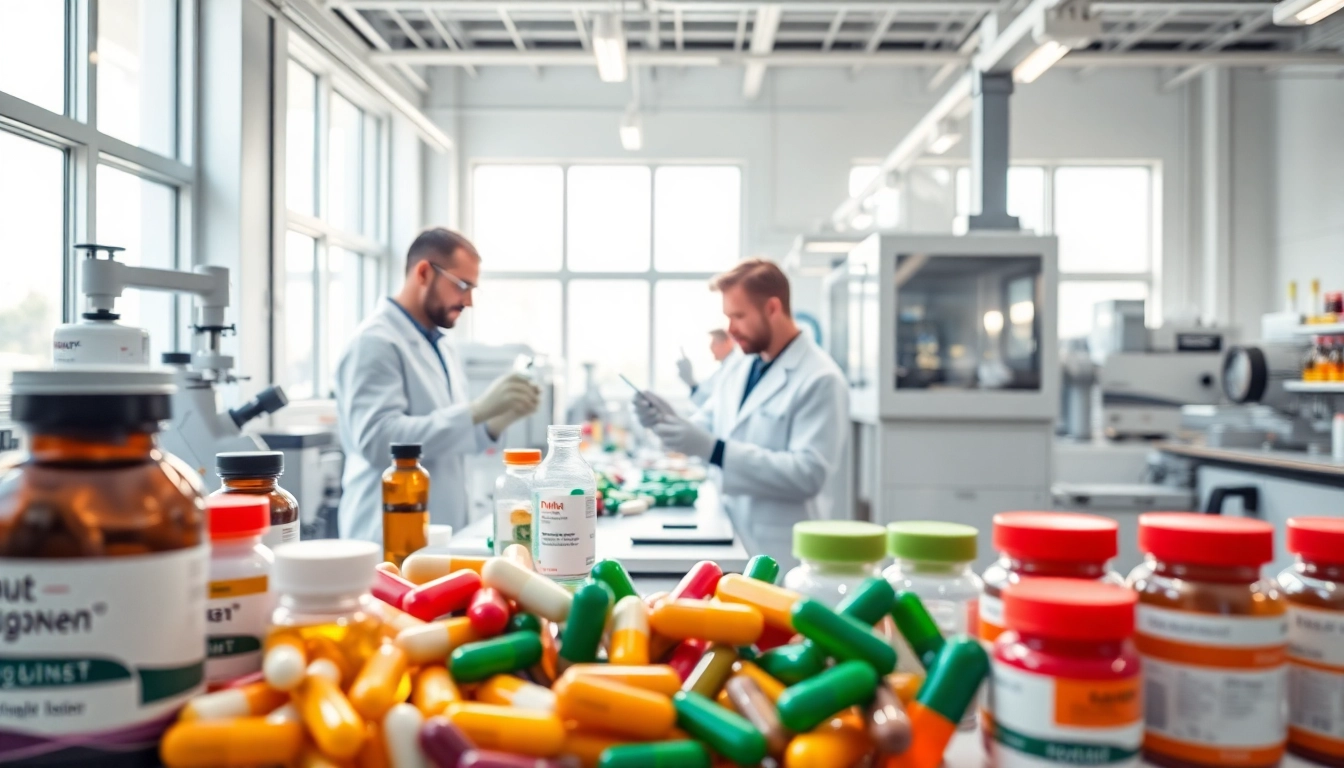 Showcasing a professional supplement manufacturer in a bright laboratory with vibrant vitamins.