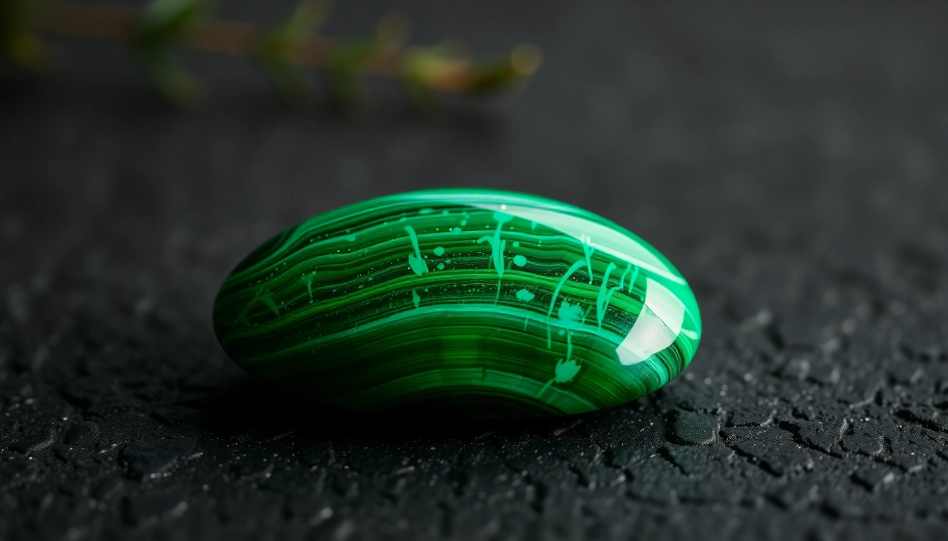 Malachit gem showcasing vibrant green patterns and textures auf dunklem Untergrund.