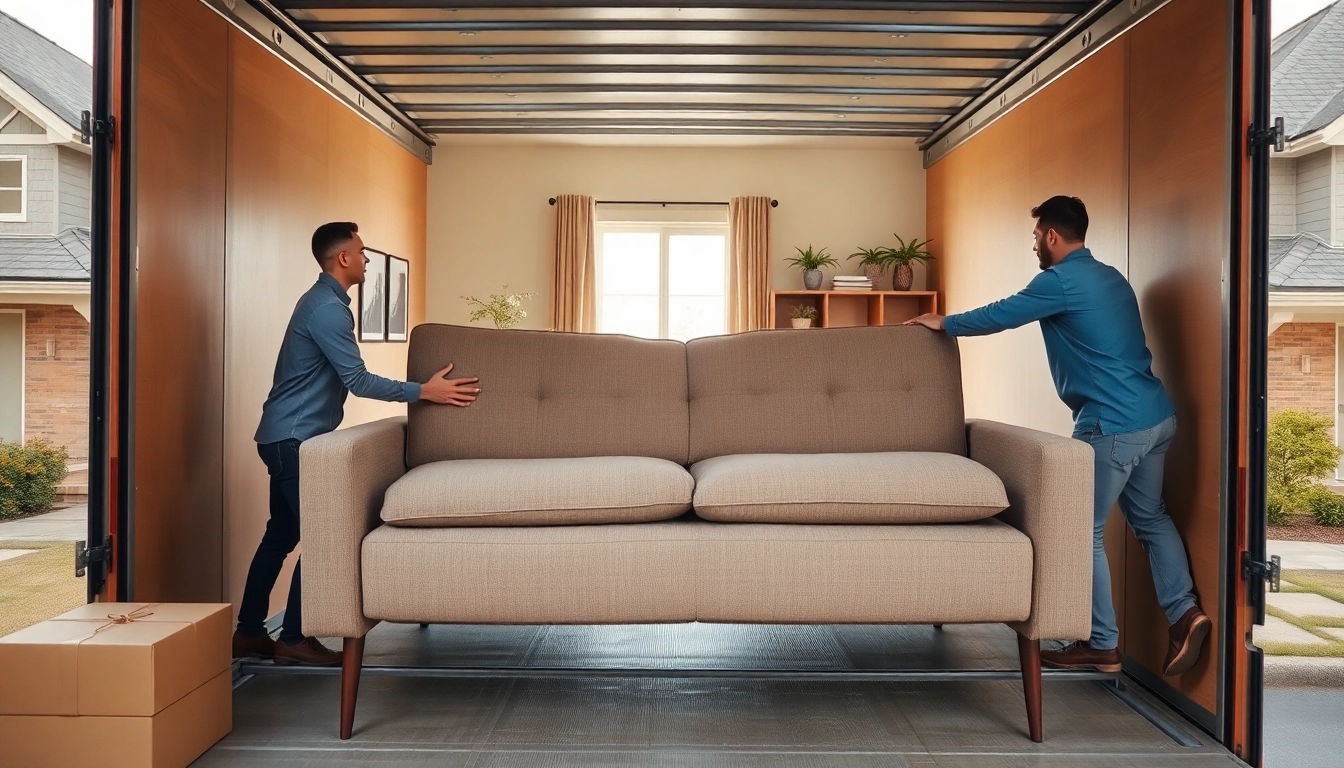 Efficient furniture removal team loading a sofa into a truck in a modern home setting.