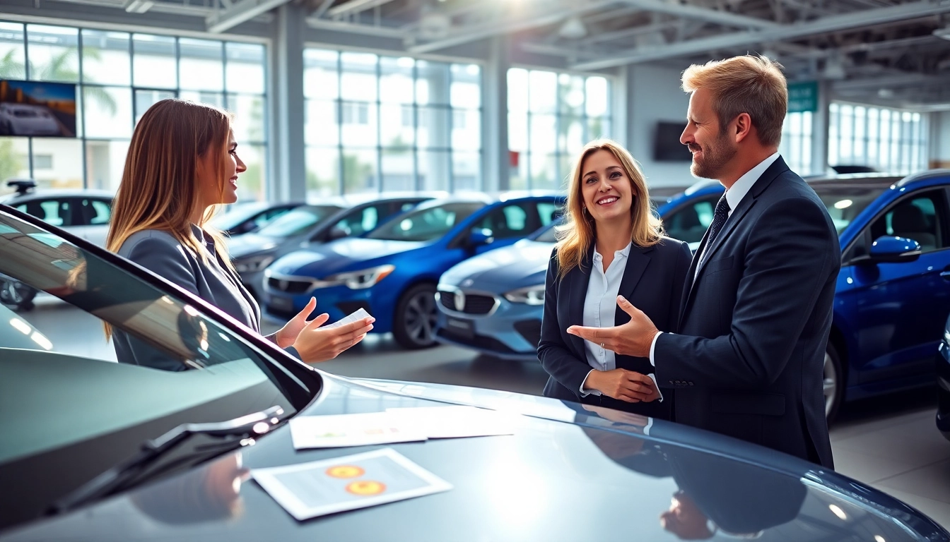 Buy New Car with a couple exploring options at a bright dealership showroom.