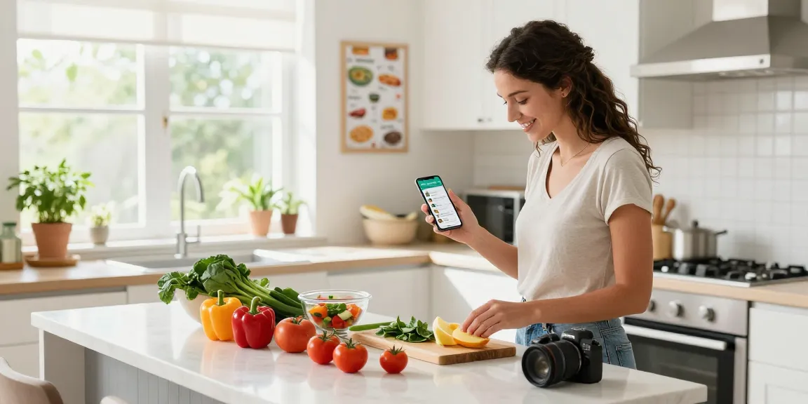 Individual measuring ingredients with smartphone app for the best calorie tracking apps in a vibrant kitchen environment