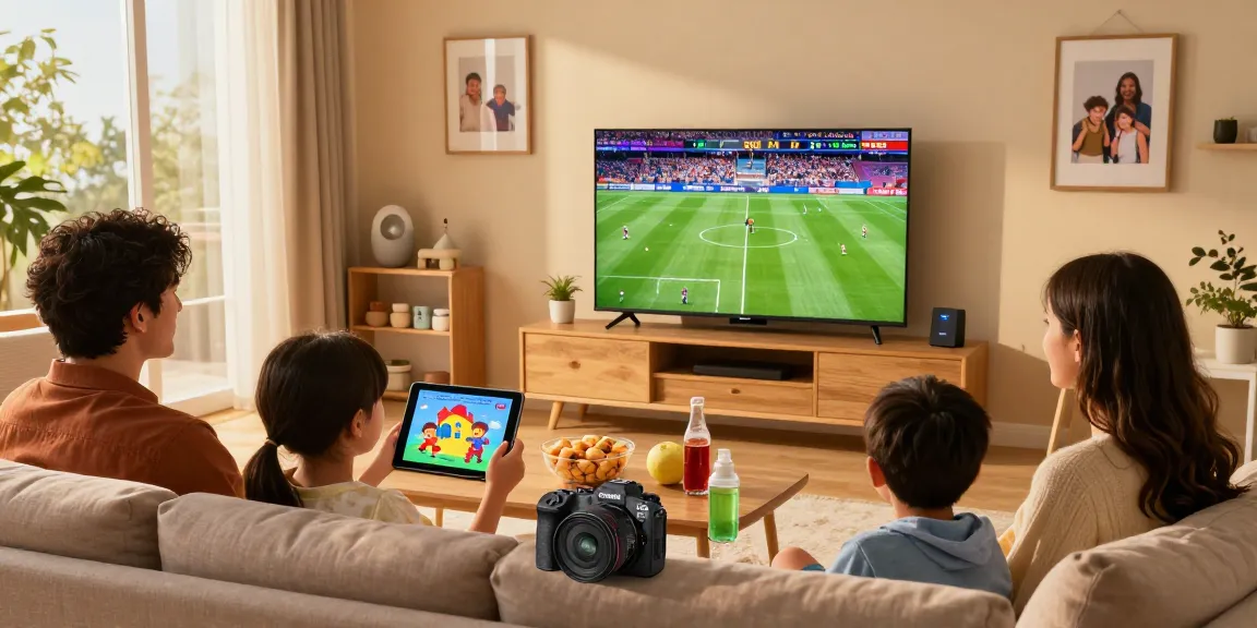 Family engaging with Blue Shark IPTV on their TV, showcasing high-definition sports and cartoons in a cozy living room.