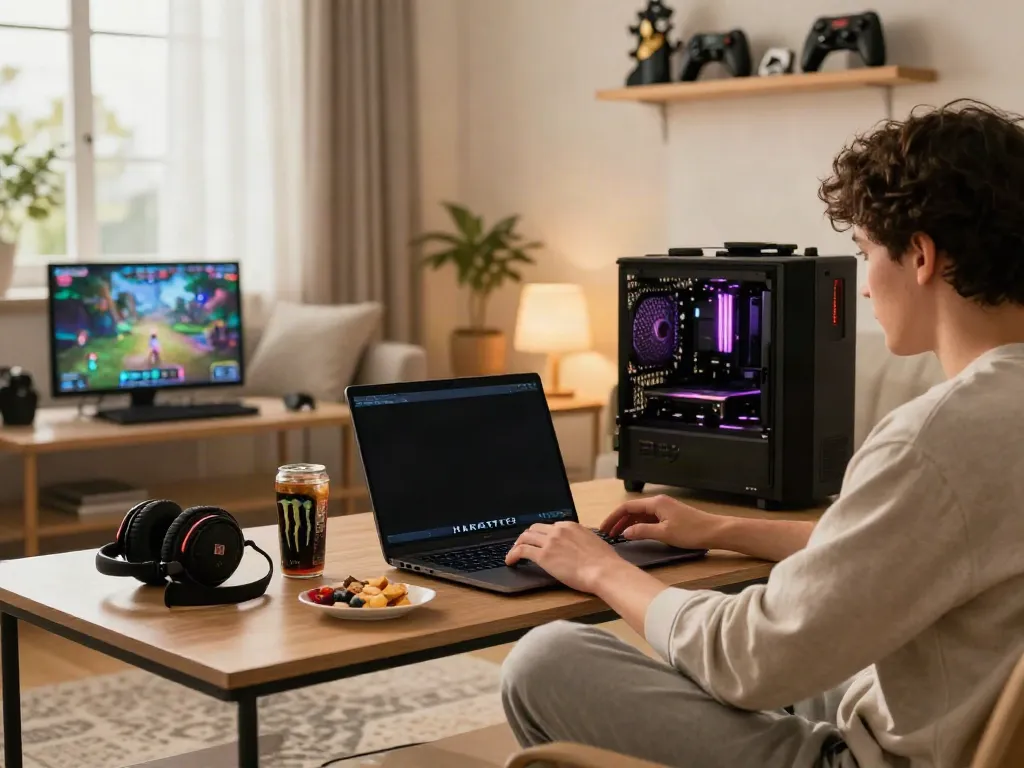 Engaging user accessing HARGATOTO for online gaming in a cozy setting.