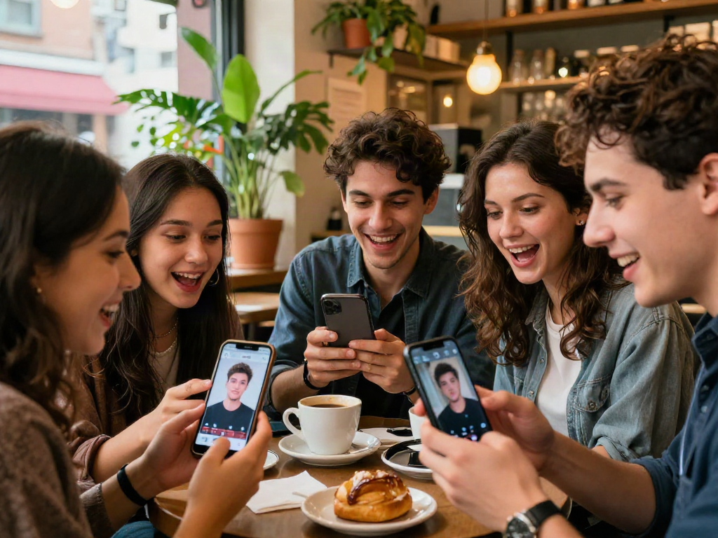 Friends at a café sharing their celebrity lookalike app results, showcasing celebs I look like moments in a lively atmosphere.