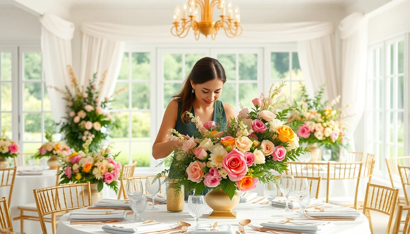 Creative scene of a dc wedding planner arranging decor in a beautiful venue setting.