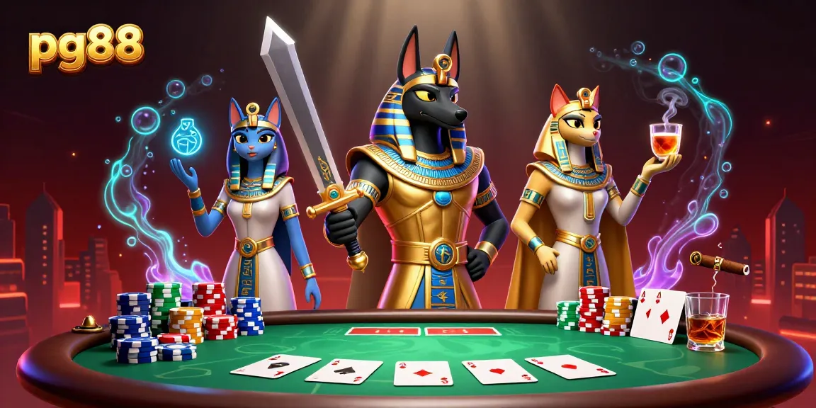 Experience thrilling gameplay at pg88 with Anubis and Bastet surrounded by poker elements.
