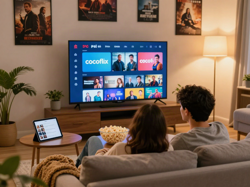 Couple enjoying movie night using cocoflix app on large screen in a cozy living room.