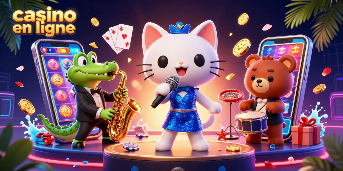 Jouez au casino en ligne avec cette illustration animée captivante de personnages festifs et de jeux d'argent.