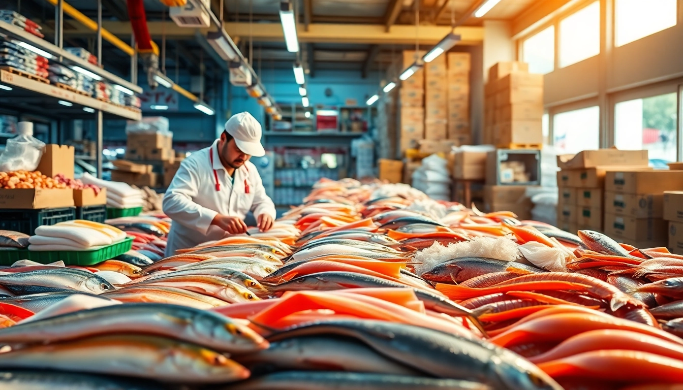 Showcasing a premium seafood exporter handling fresh catches with vibrant displays of seafood.