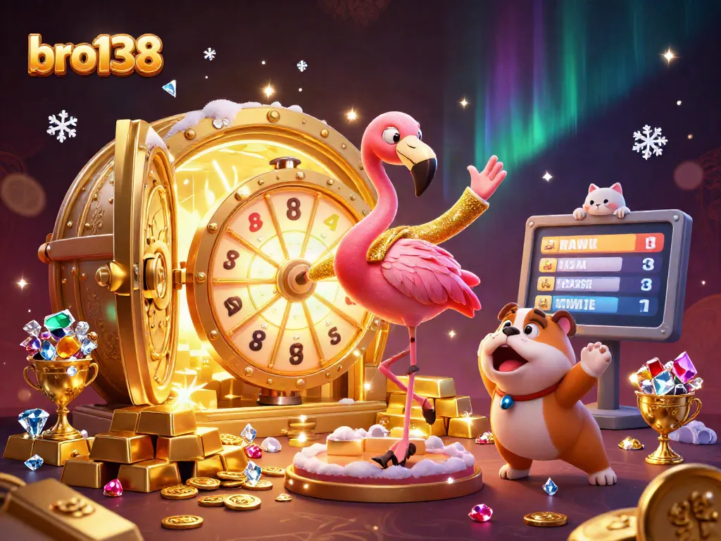 Win big with bro138 as the flamingo host spins the prize wheel in an exciting casino scene.