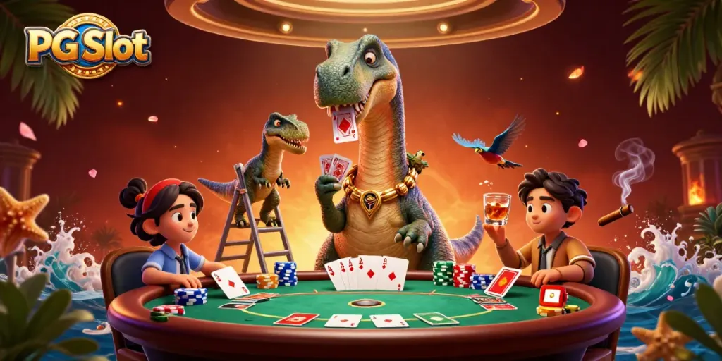 Permainan PG Slot dengan dinosaurus dan meja poker di kasino yang penuh warna.