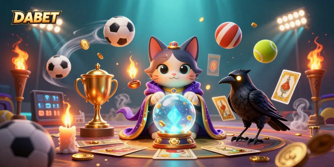 DABET showcases a vibrant casino scene with a fortune teller cat and a raven amid dynamic sports elements.