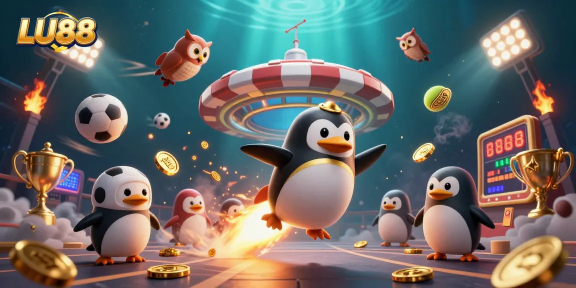 Win big with LU88 at an exciting casino space adventure featuring golden penguins and sports elements!