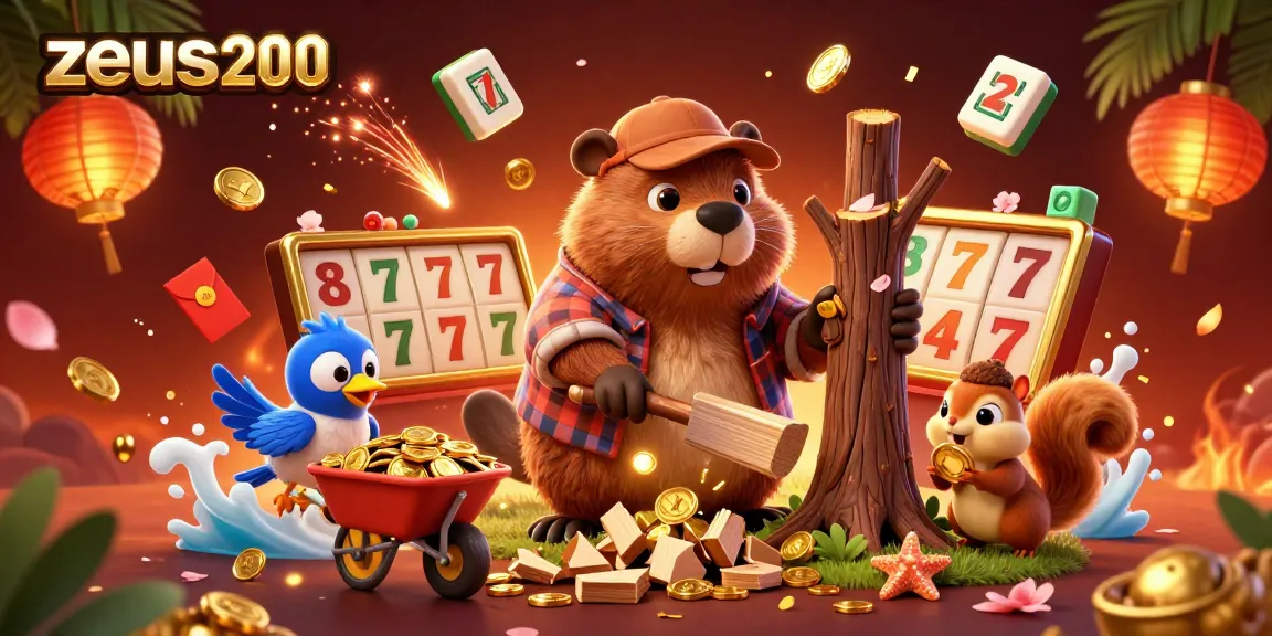 Permainan slot zeus200 menampilkan beaver pemangkas pohon yang menghasilkan koin emas.