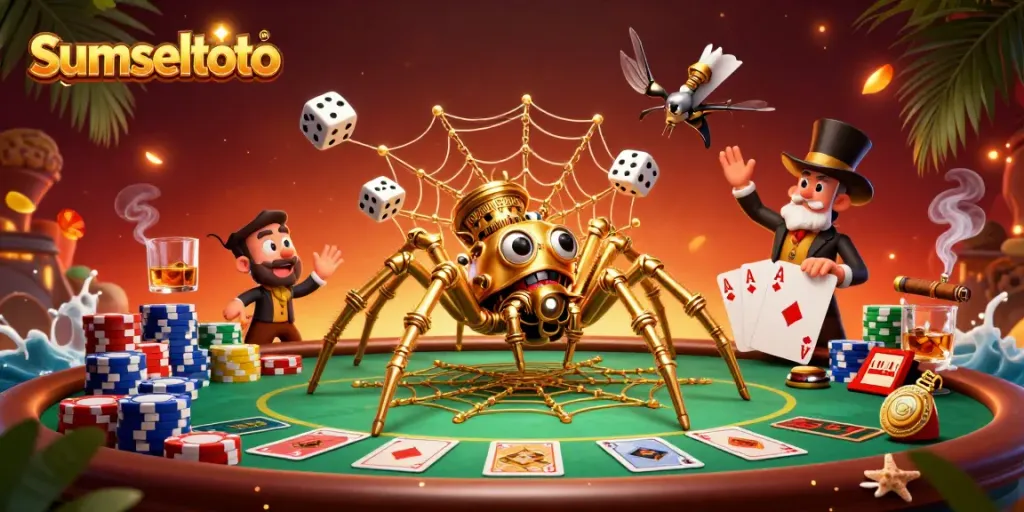 Experience the excitement of sumseltoto with a dynamic steampunk scene featuring a golden spider and poker elements.