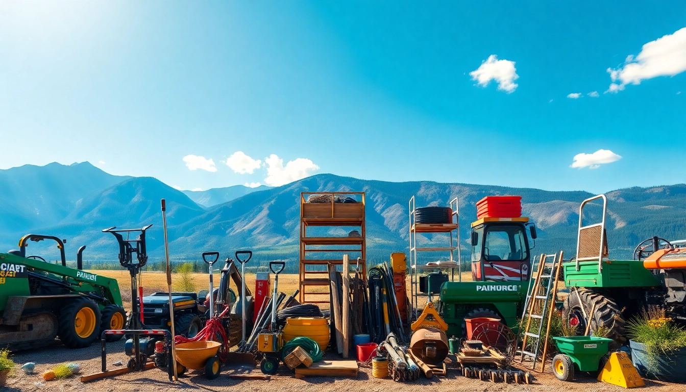 Columbia Falls equipment rental showcasing tools and machinery in a scenic outdoor setting.