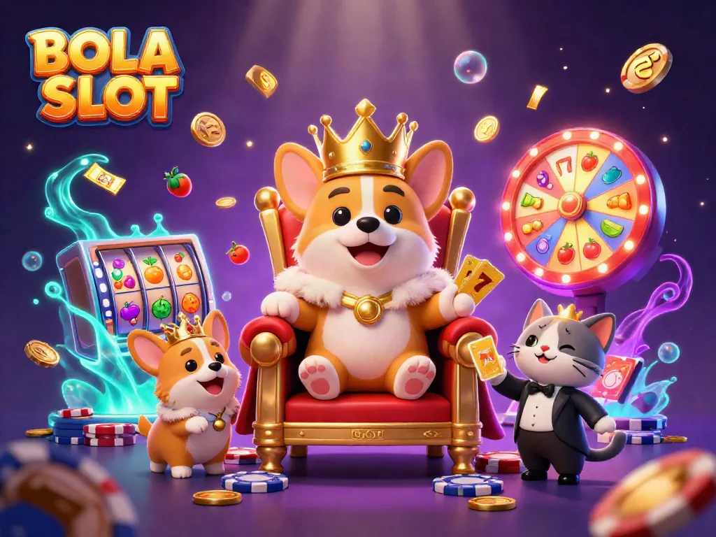 BOLA SLOT showcases a vibrant scene with a royal corgi on a throne of chips, colorful game elements surrounding it.