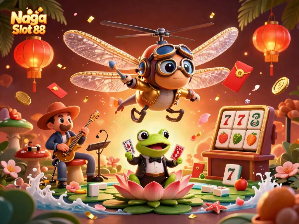 Naga Slot 88 showcases a vibrant dragonfly pilot and frog croupier amidst a dynamic casino backdrop.