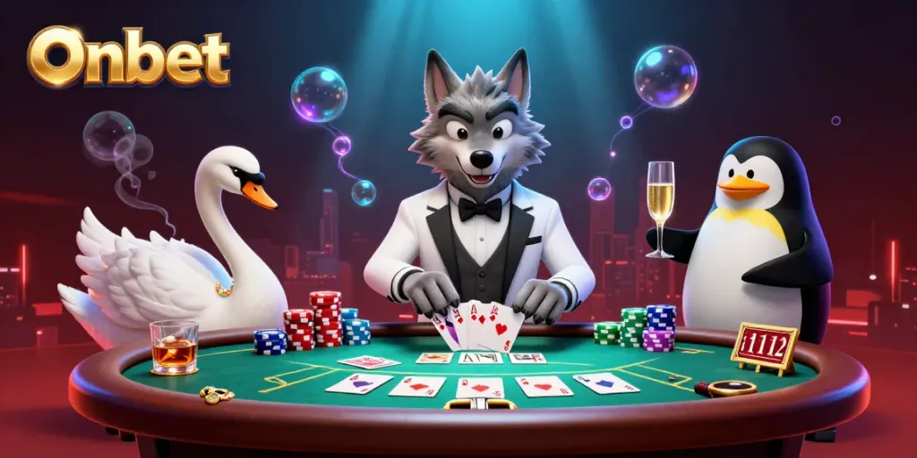 Onbet casino scene with a debonair wolf, swan dealer, and penguin sommelier amidst vibrant gameplay elements.