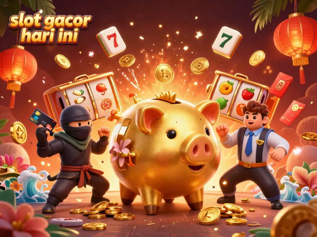 Ilustrasi slot gacor hari ini dengan karakter unik dan simbol keberuntungan dari kasino.