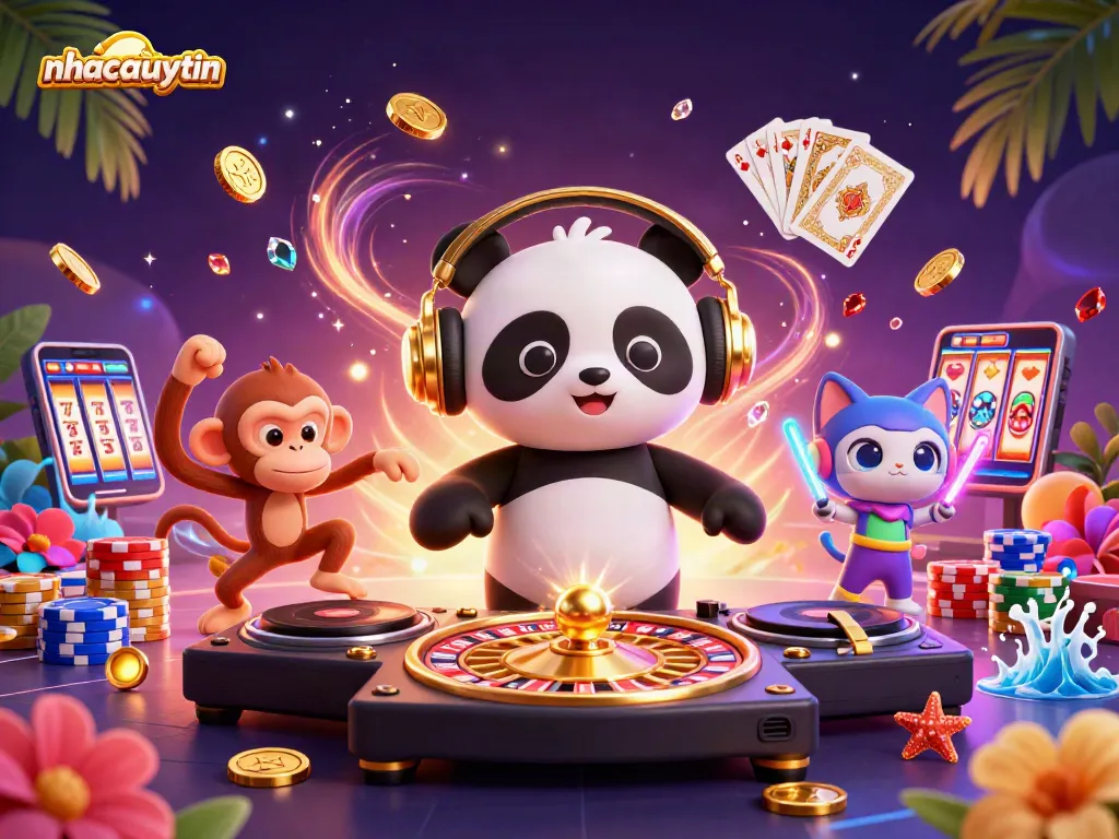 Experience the thrill of gaming at nhacaiuytin with characters celebrating wins amidst roulette wheels and vibrant casino elements.