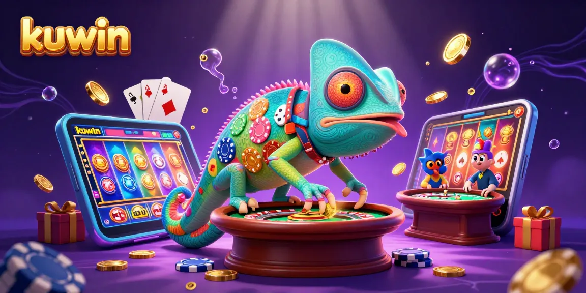 Kuwin casino offers thrilling games with a dynamic chameleon owner in a vibrant illustrated casino scene.