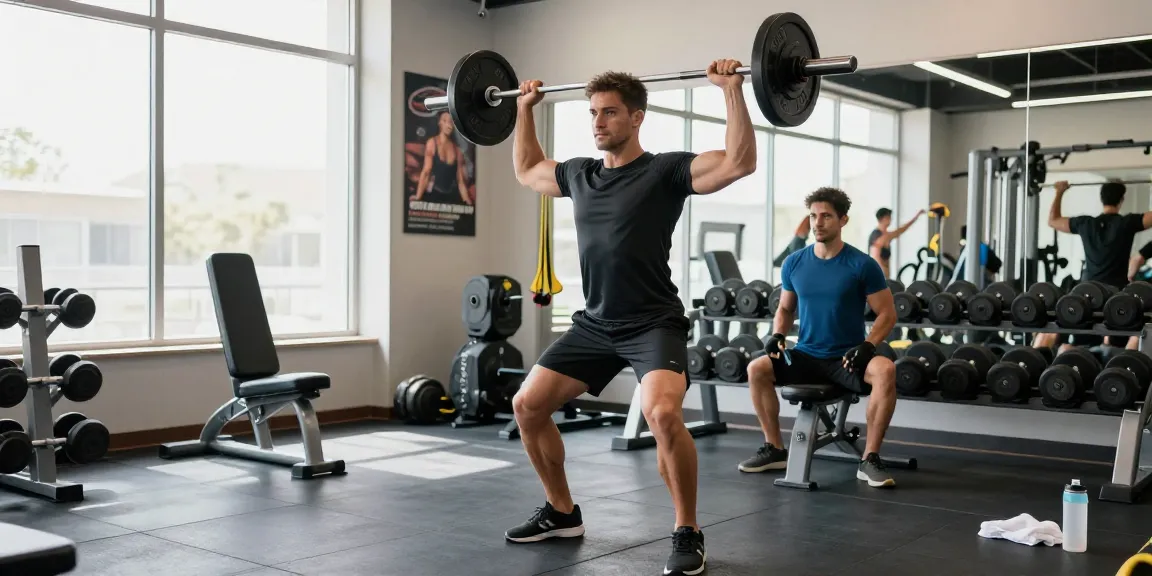 Gym clothes Men showcased on athletic man lifting weights in modern gym.