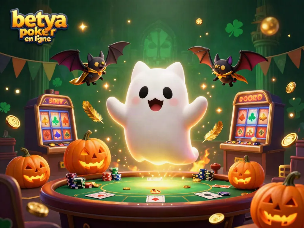 Engage in betya poker en ligne surrounded by a magical casino ambiance with whimsical characters and poker elements.