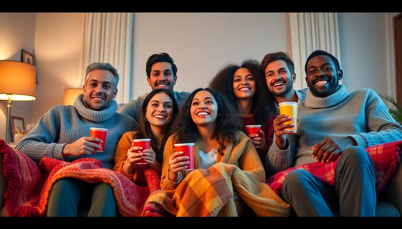 Experience joy watching free online series with friends in a cozy living room setting.