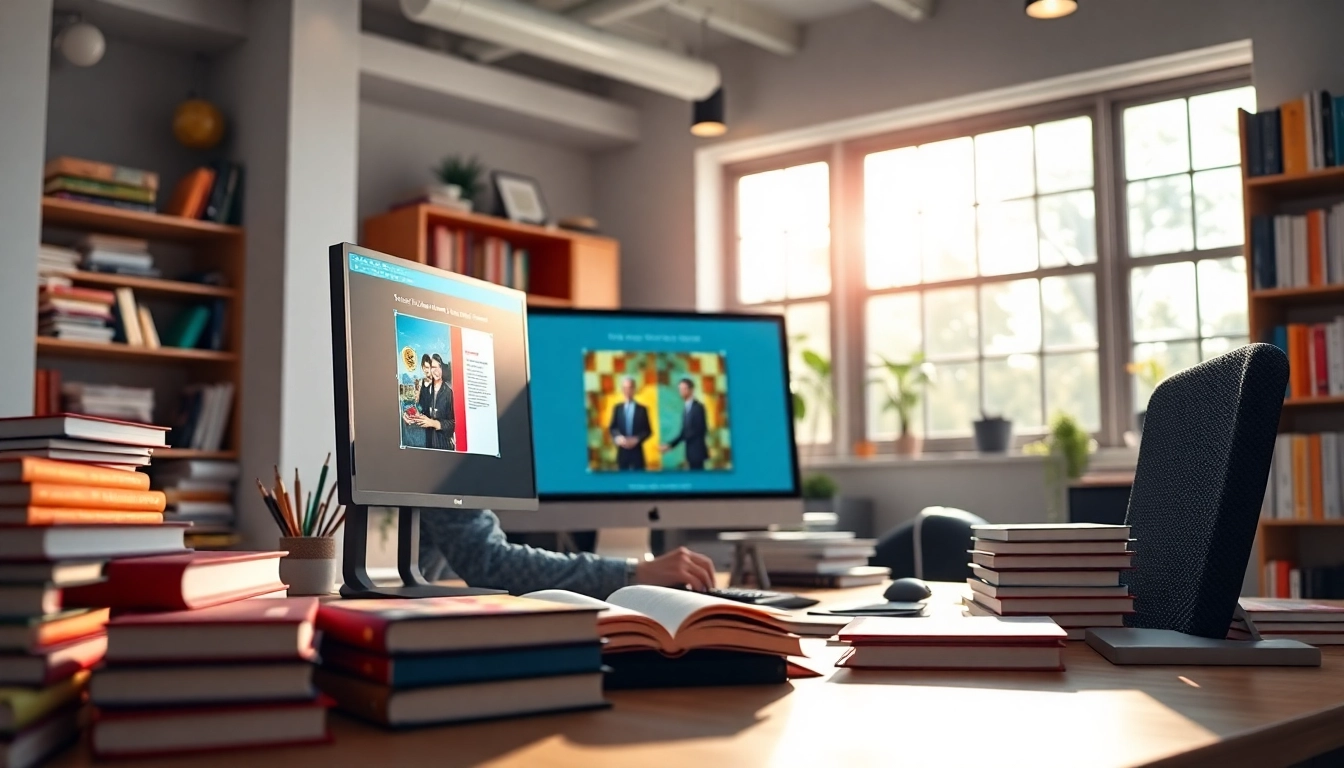 Showcase of print on demand publishers workspace with books and design elements.