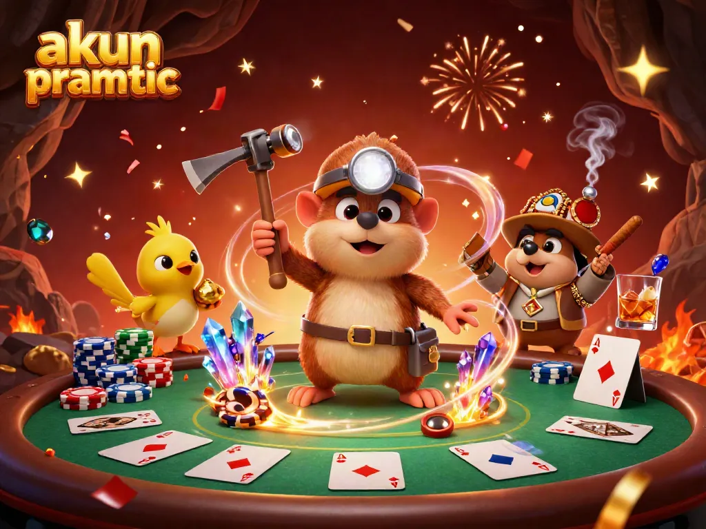 Experience the thrill of akun pragmatic with a cartoon mole and canary celebrating wins at a vibrant poker scene.