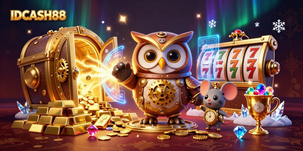 IDCASH88 offers vibrant gaming adventures featuring a whimsical owl and treasures in a dynamic casino scene.